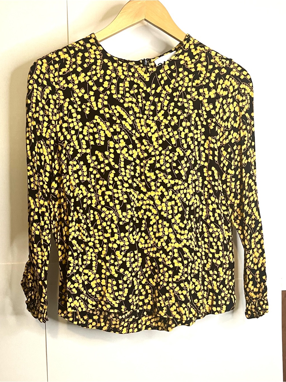 Ganni Women’s Size 34 (XS) Black & Vivid Yellow Floral “Ala” Long-Sleeve Blouse